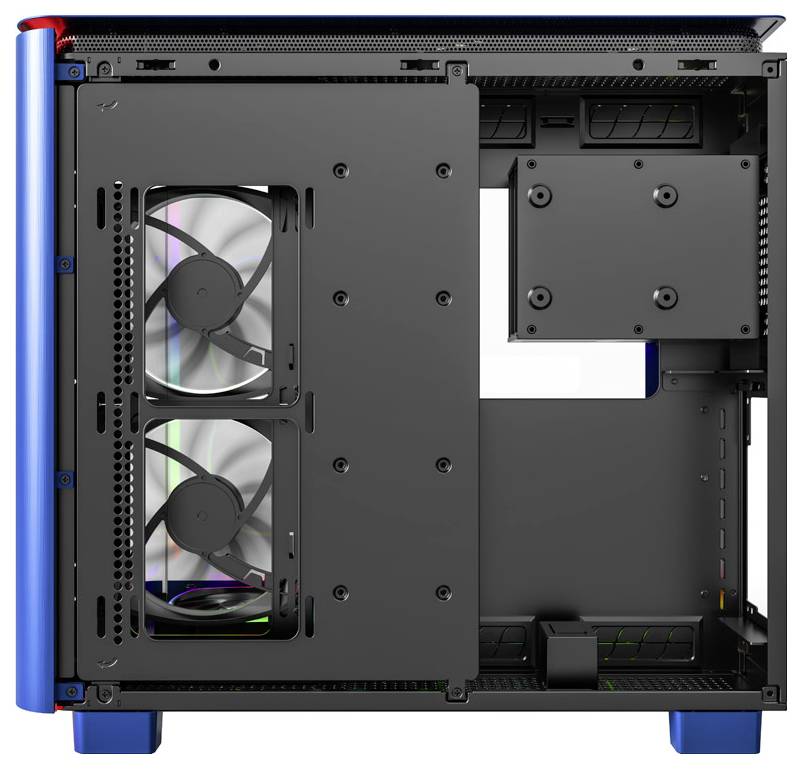 An open PC case with two side-mounted fans. It provides space for mounting computer components.