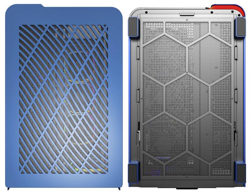 Two computer cases viewed from above; the left one is blue with diagonal grid stripes, the right one is grey with a hexagonal grid pattern.