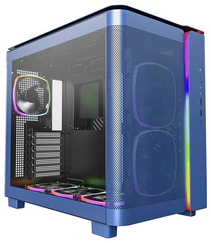 Blue computer case with transparent side panel, showing installed fans with RGB lighting. Suitable for gaming setups.