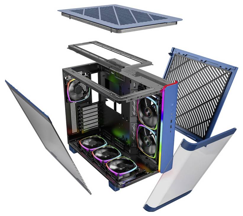 Exploded view of a PC case with removed panels. Several fans and RGB lighting are visible inside.