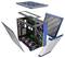 Exploded view of a PC case with removed panels. Several fans and RGB lighting are visible inside.