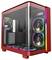 Red PC case with transparent sides, showing four fans with RGB lighting inside. 'Montech' brand name in the corner.