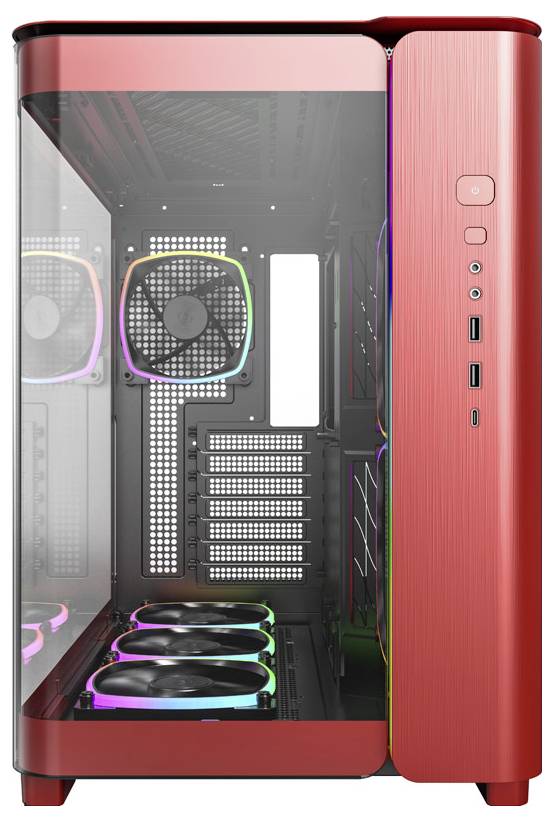 Red PC case with transparent side panel, RGB fans, and USB ports on the front.