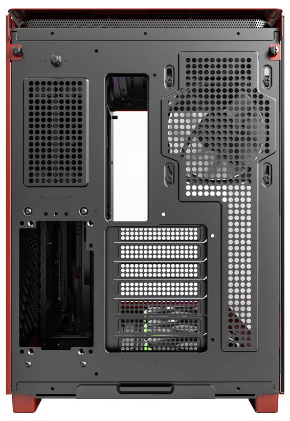 Back of a computer case with a ventilated design and fan. Visible PCI expansion slots and power supply opening.
