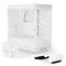 A white PC case with an open design. Contains two fans and a vertical GPU mounting kit. Suitable for DIY PC build projects.