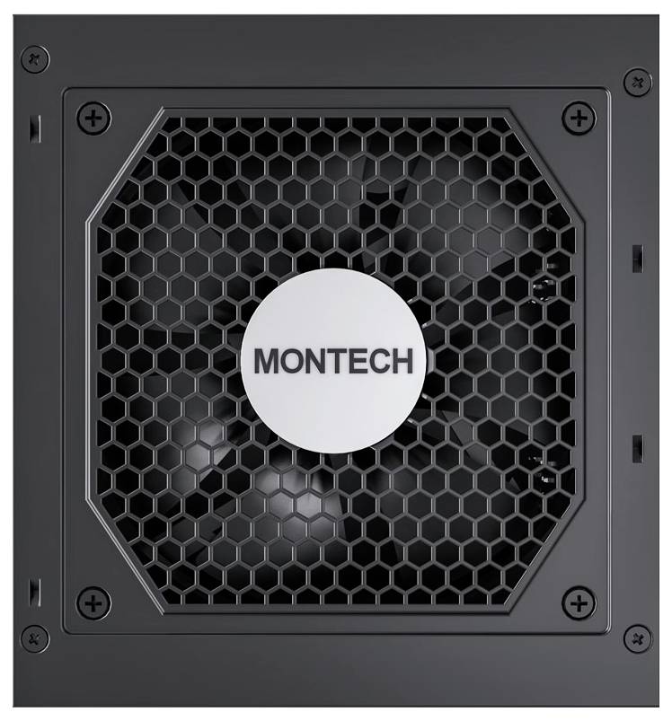 Black computer power supply with a honeycomb-structured fan grille and the inscription 'MONTECH' in the centre.