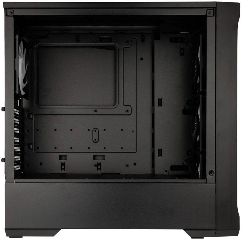 Black computer case with exposed interior, showing space for components, fan mounting points, and cable management options.