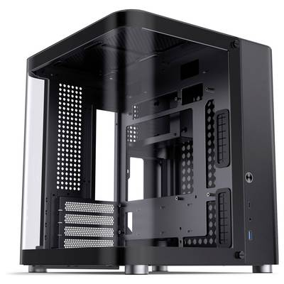 Black computer case with transparent side panel, revealing internal structure and slots for hardware components.