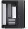 Black, empty PC case with a glass side panel, providing space for multiple expansion cards and front-facing ports.