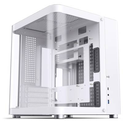 White computer cases with transparent side panel and multiple drive bays, suitable for custom PC configurations.