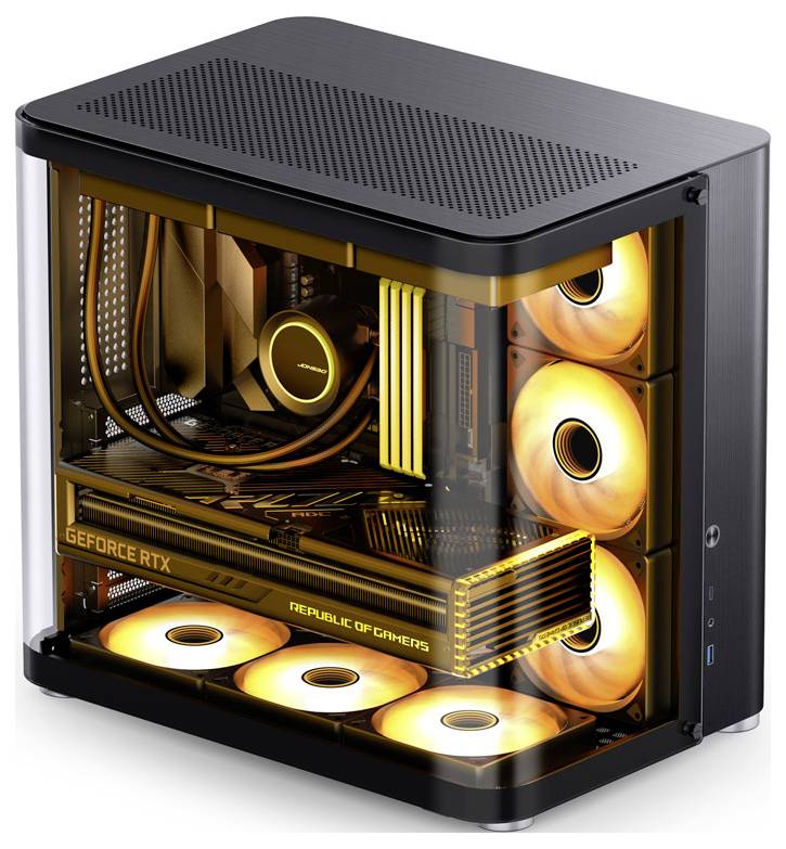 An open gaming PC with illuminated components: graphics card, cooler, and fans glowing in orange-yellow light, within a black chassis.