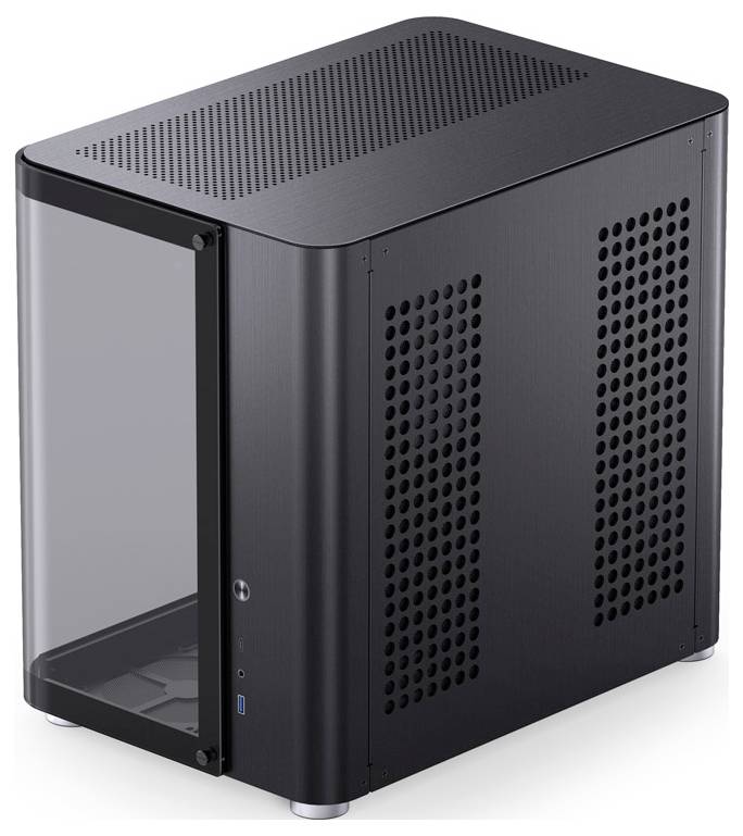 A black computer case with a glass side panel and ventilation holes, suitable for a space-saving PC configuration.