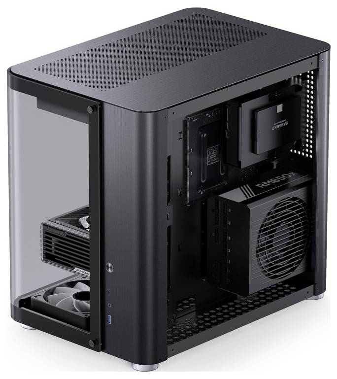 A black, modern computer case with a transparent side panel reveals a motherboard, fans, and a power supply unit inside.