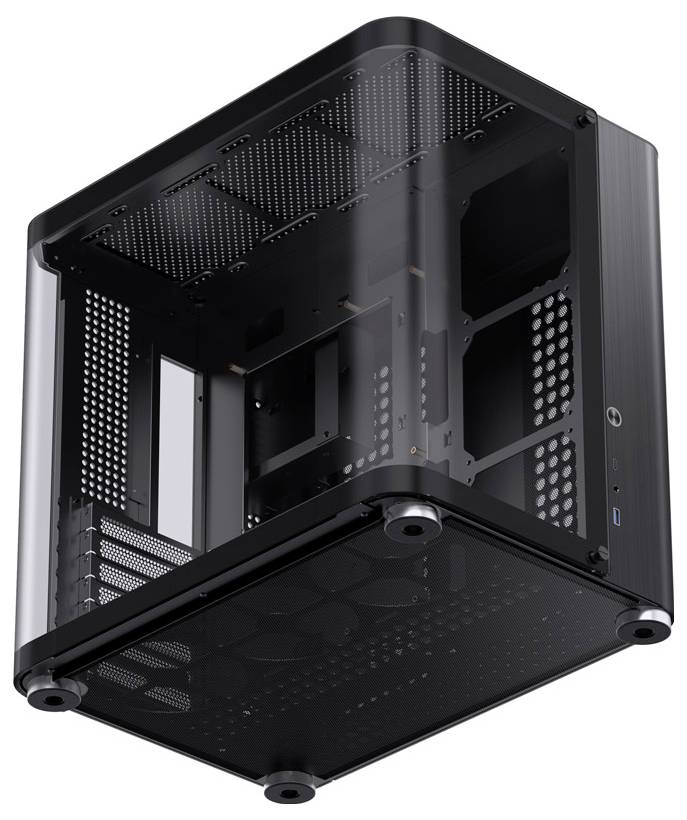 A black, cube-shaped PC case with an open design that promotes ventilation. Suitable for compact computer builds.