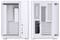 Two white computer cases with transparent side panels. One shows the front with a circular power button, the other the rear with ventilation slots and expansion slots.