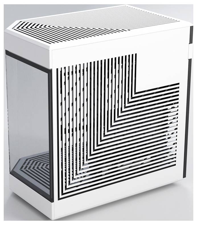 A white appliance with black, rectangular line patterns on the side and a transparent window on the left side.