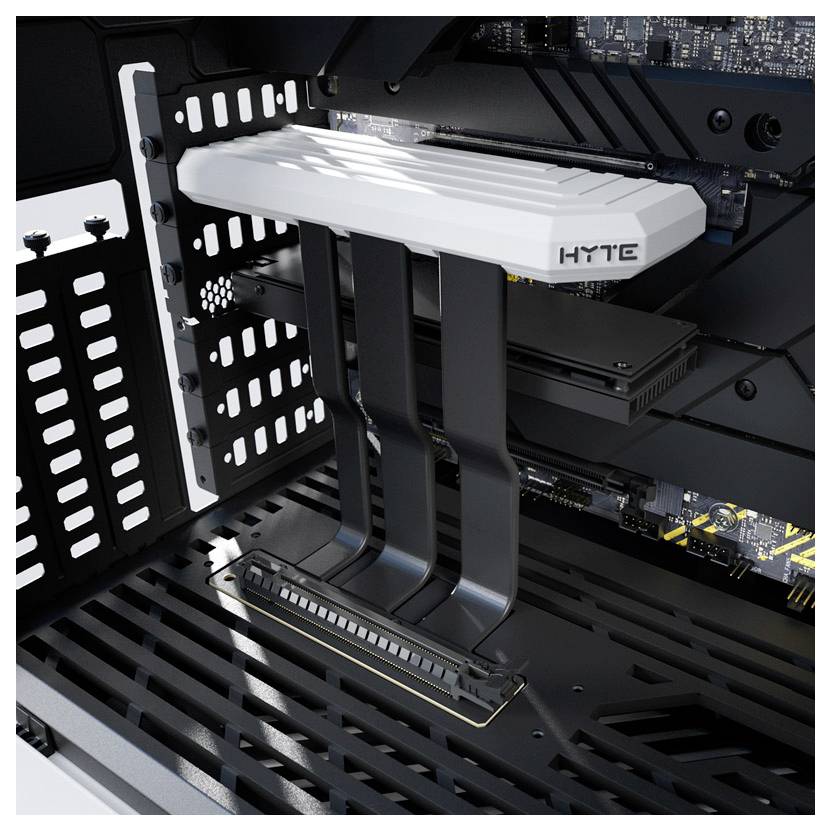 A graphics card is vertically mounted in a computer case. A GPU support bracket stabilises the card.