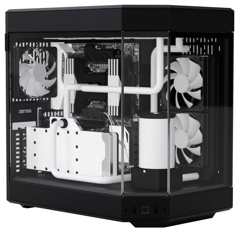 A black computer case with transparent sides, revealing complex cooling systems and white fans for enhanced cooling.
