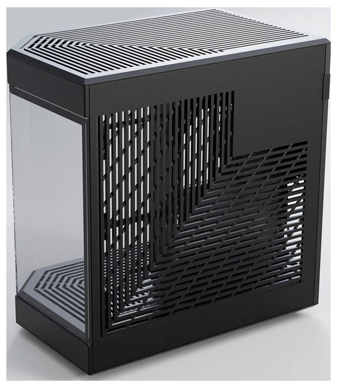 Black geometric computer case with ventilation slots and transparent side window. Design emphasises modern aesthetics.