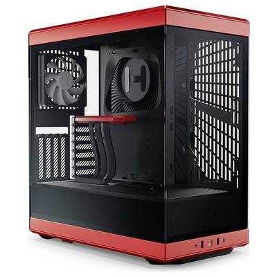 A blank PC case in red and black with transparent side panels, showing interior fans and space for components.