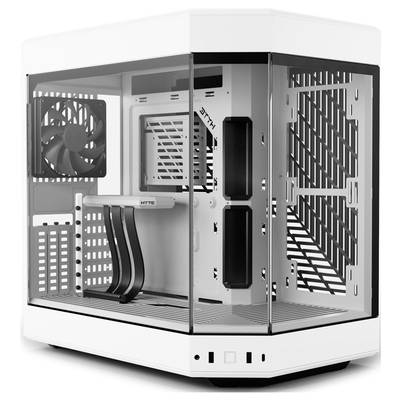 Computer case in white with transparent side panels. Two fan spaces and the motherboard internal structure are visible.