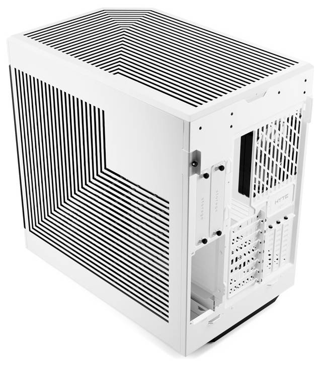 White computer case with black linear design, viewed from an overhead angled rear perspective, showing ventilation slots and back panel.