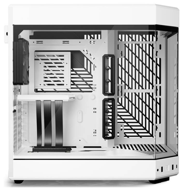 A white PC case with transparent side panels reveals its interior. Ventilation grilles and vertical mounting brackets are visible.