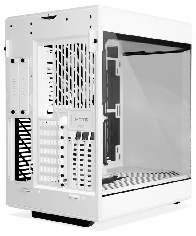 A white PC case with a transparent side panel, revealing the internal structure of computer components. The brand name 'HYTE' is visible.
