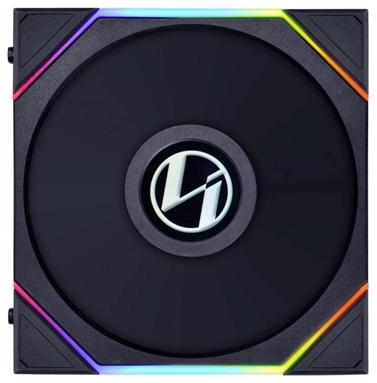 A square computer fan with LEDs at the corners, glowing in rainbow colours. An emblem is located in the centre.