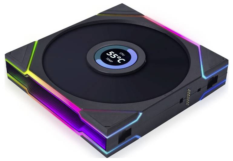 A square, black device with colourful LED lights displays a readout of '55°C' for CPU temperature.