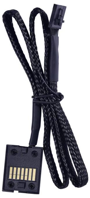 A black PC power connection cable with a rectangular plug featuring gold-coloured contacts on one end and a small plug on the other end.