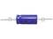 Blue cylindrical capacitor with two connecting wires, lying horizontally. Text '1411 BC' is visible on the surface.