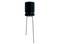 'A black, cylindrical electrolytic capacitor with two protruding connection wires.'