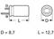 Sketch of a cylinder with dimensions: Diameter (D) = 8.7, Length (L) = 12.7. Positive and negative terminals are marked.