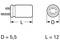 Figure of two technical drawings of a cylindrical component with dimensions: diameter (D) 5.5 and length (L) 12.