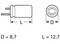 A technical diagram shows a cylindrical electrolytic capacitor with the following dimensions: diameter (D) 8.7 mm, length (L) 12.7 mm.