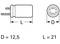 Diagram of a cylindrical object with dimensions: Diameter (D) is 12.5 and Length (L) is 21.