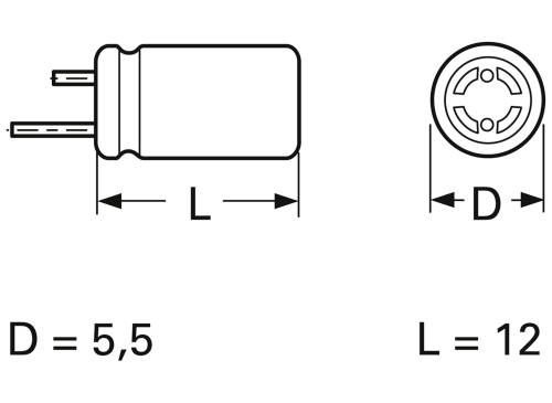 Drawing of a cylindrical component with longitudinal view and top view. Labels: 'D = 5.5', 'L = 12'.