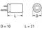 Technical drawing of a cylindrical plug. Side view shows length 'L' as 21 mm, top view shows diameter 'D' as 10 mm.