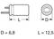 Diagram shows a cylindrical capacitor. On the left is a side view with length 'L' and on the right a top view with diameter 'D'. Dimensions: D = 6.8 mm, L = 12.5 mm.