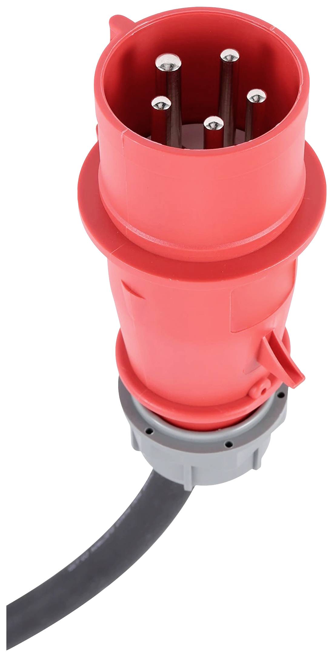 Red, cylindrical industrial plug with five metal pins and black cable, suitable for high current intensities in industrial applications.