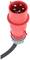 Red, cylindrical industrial plug with five metal pins and black cable, suitable for high current intensities in industrial applications.