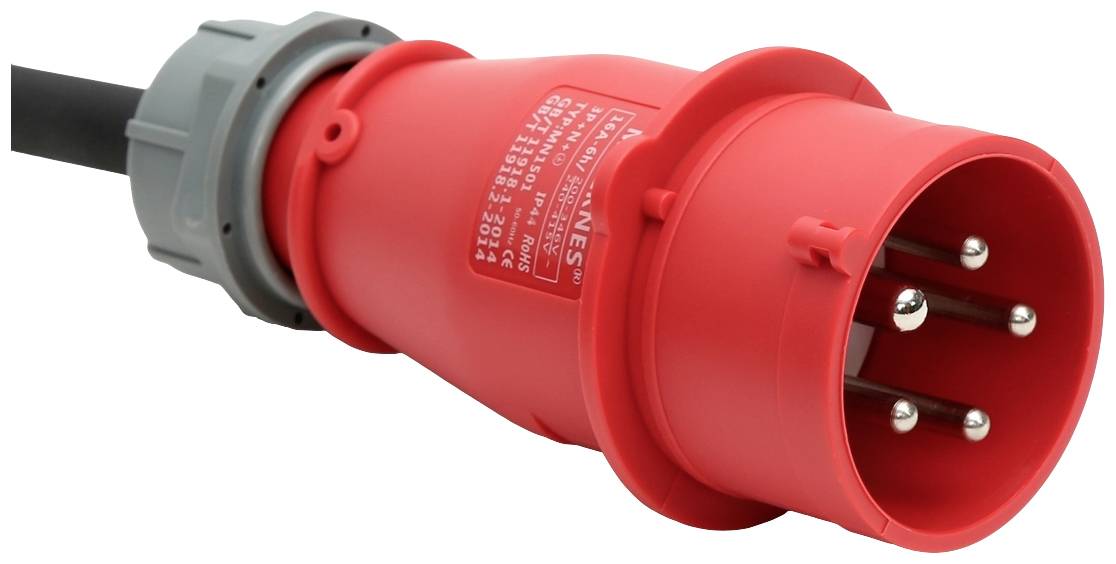 Red CEE plug with three metal pins, typical for industrial electrical connections. Plastic housing with grey ring.