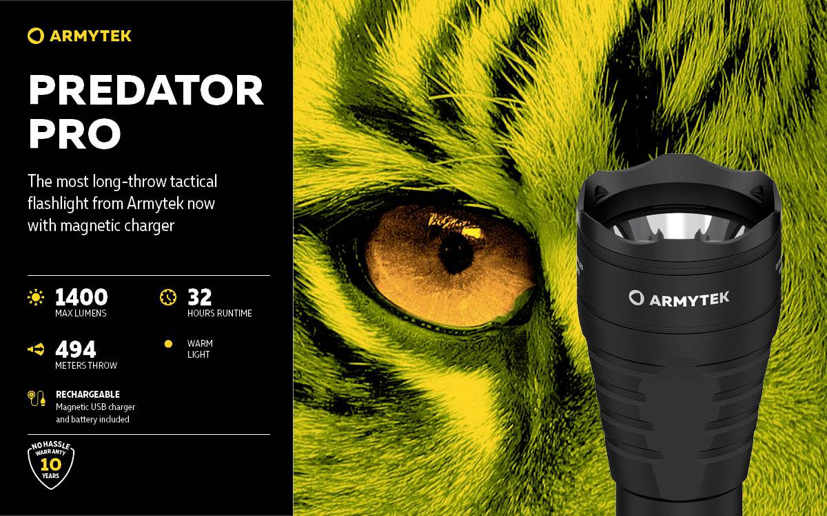 Tactical Torch 'Predator Pro' by Armytek with 1400 lumens, 494 m range, 32-hour runtime, warm light and magnetic charging dock.