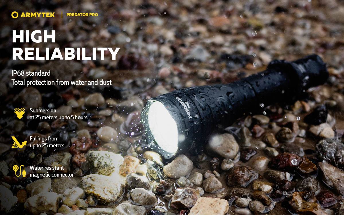 A torch rests on wet stones. Text: 'High reliability', 'IP68 standard', protection against water and dust, up to 25m depth.