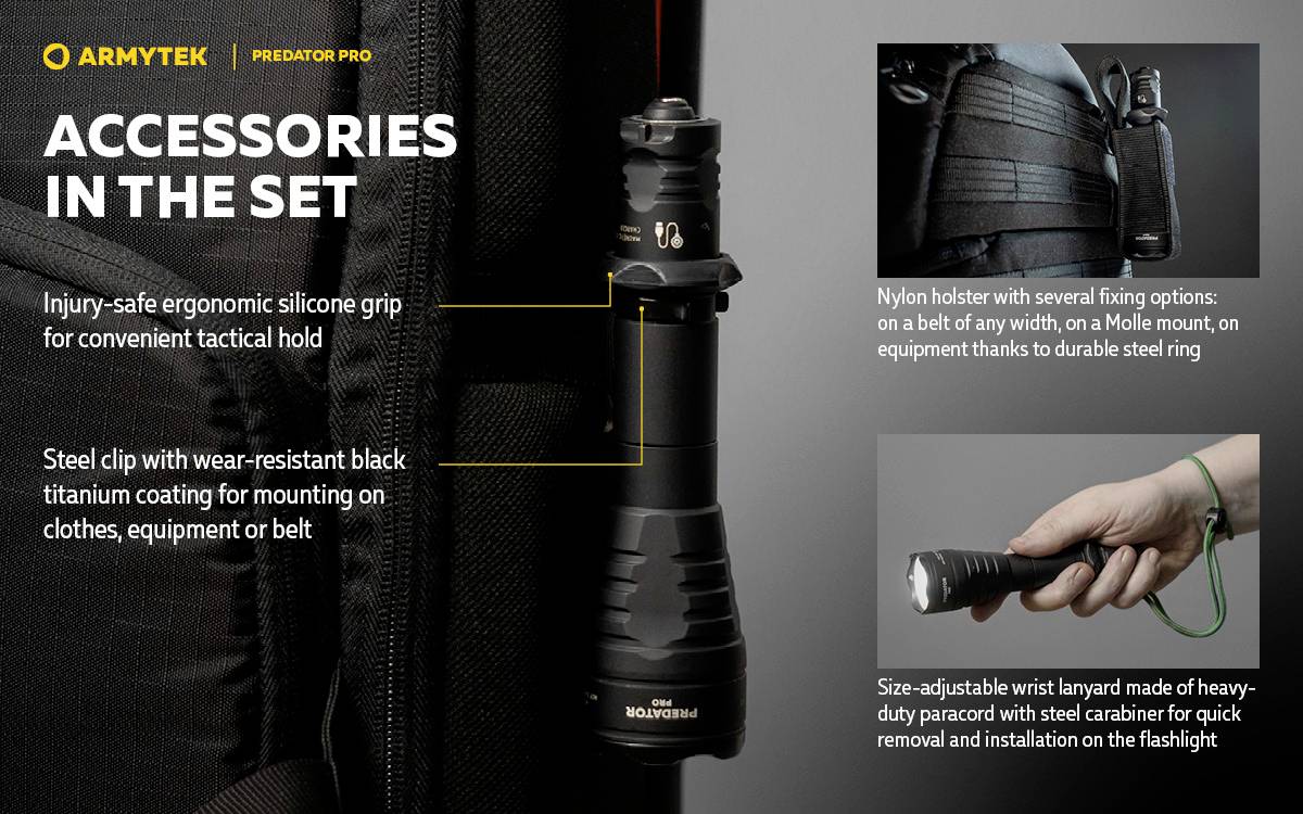 'Torch Set with ergonomic handle, nylon holster, steel clip and adjustable carry strap; ideal for tactical operations.'