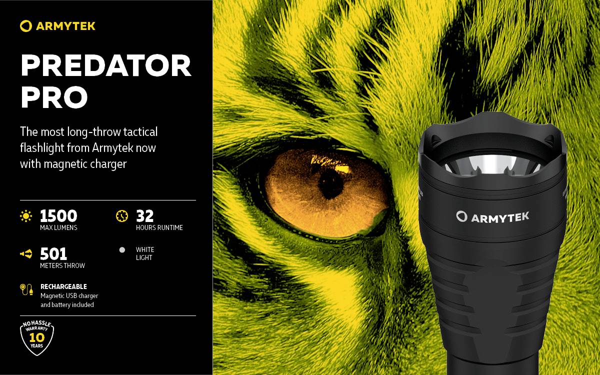 Army Knife Advertising Graphic with Yellow Tiger Design and Black Torch. Features: 1500 lumens, 501 m beam distance, 32-hour runtime.