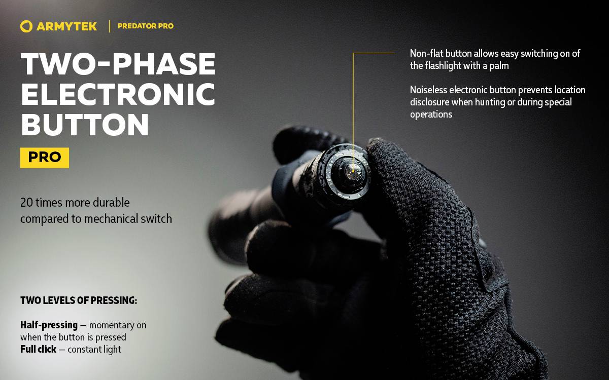 'Two-Phase Electronic Button: 20 times more durable than mechanical switches. Two Pressure Stages: half pressure, full pressure.'