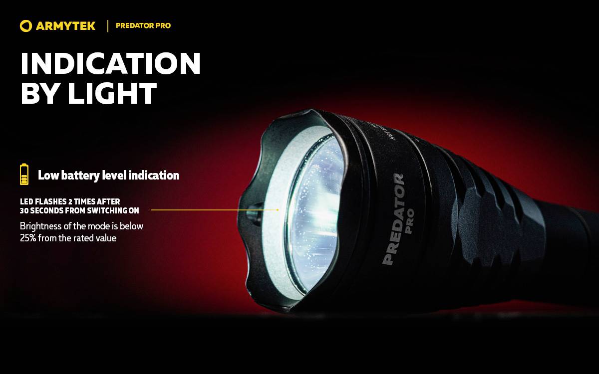 Torch with brand name and model 'Predator Pro'. Note on charging indicator for low battery: LED flashes 3 times after 10 seconds.