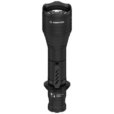 Black torch with robust design and brand logo, featuring a magnetic USB charging port at the lower end.